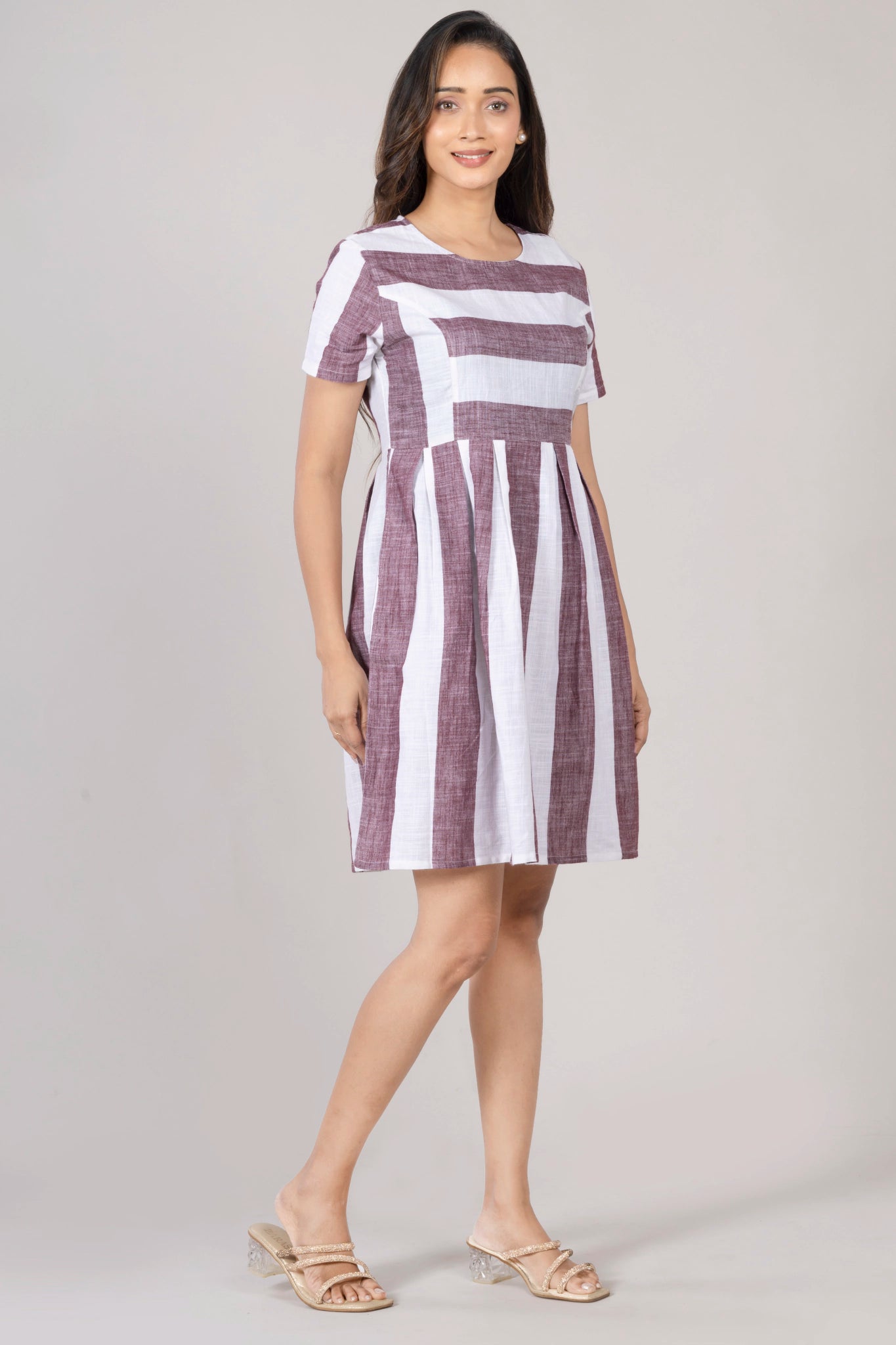 MAdMee Naturally You - Striped Organic Cotton Dress - Earthy Maroon