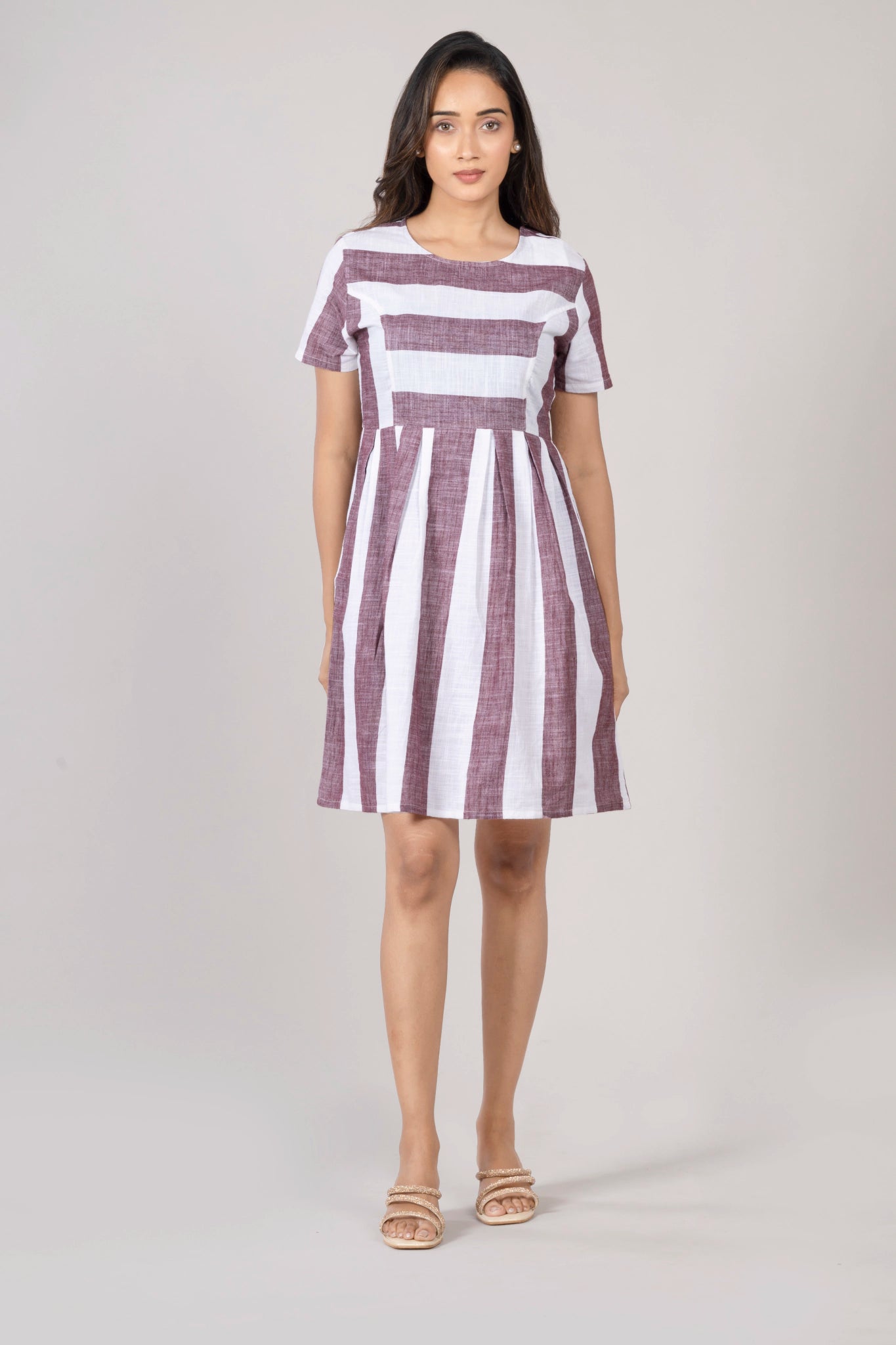 MAdMee Naturally You - Striped Organic Cotton Dress - Earthy Maroon