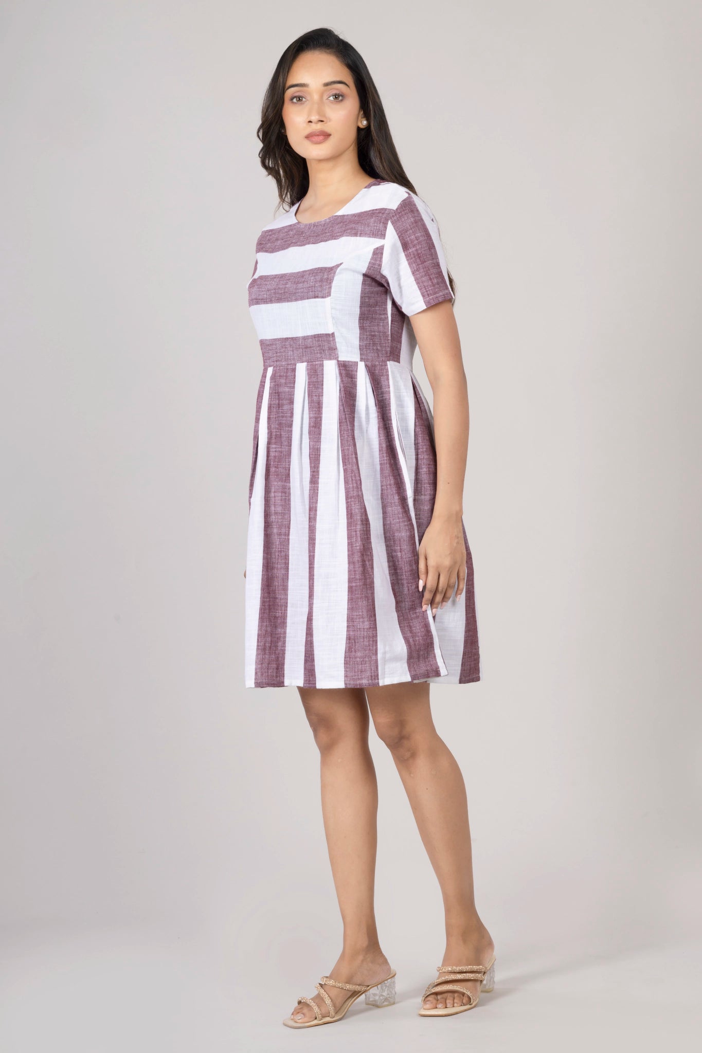 MAdMee Naturally You - Striped Organic Cotton Dress - Earthy Maroon
