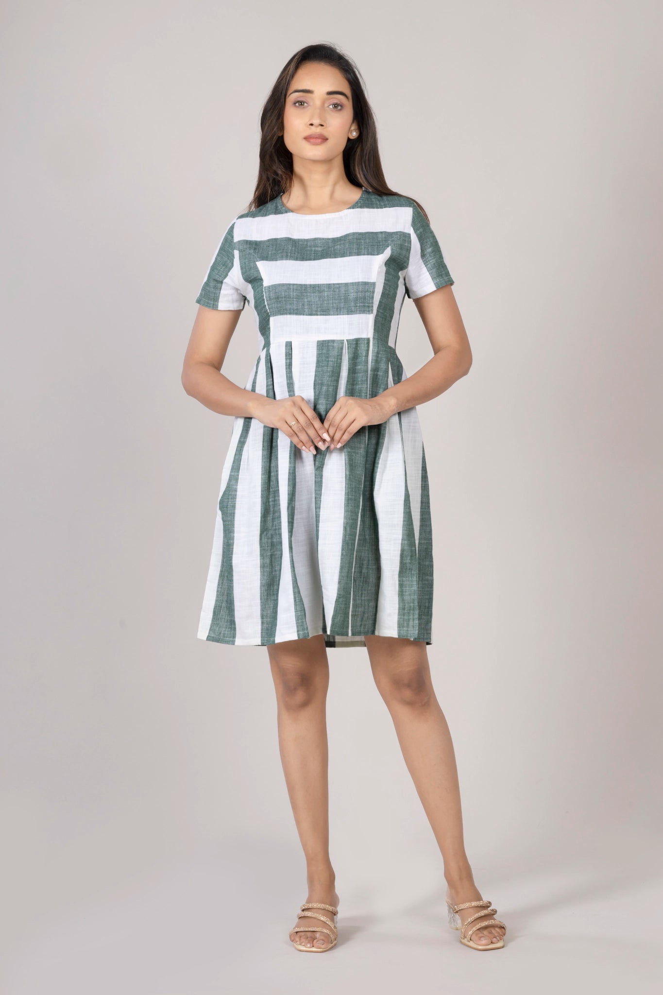 MAdMee Naturally You - Striped Organic Cotton Dress - Bottle Green