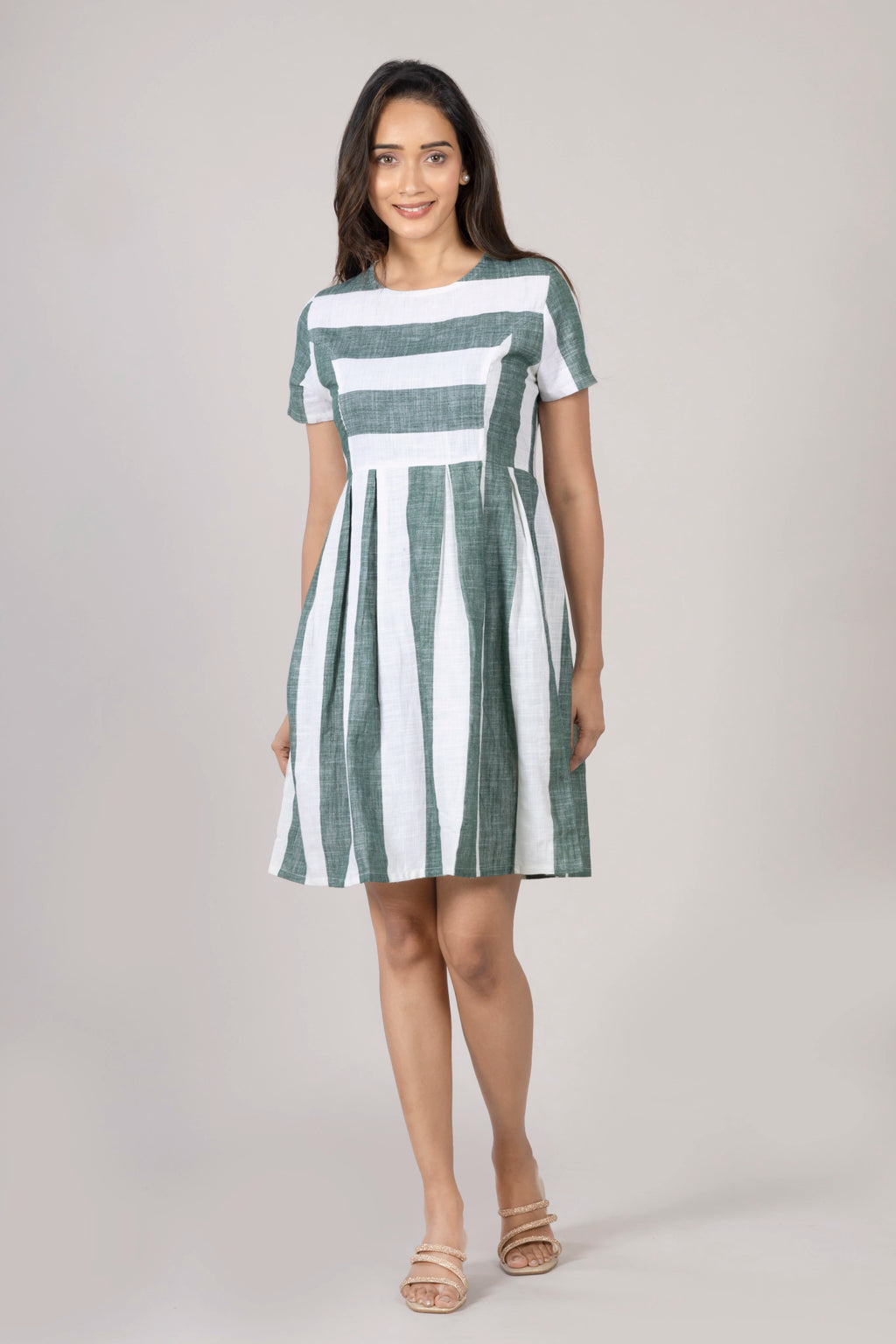 MAdMee Naturally You - Striped Organic Cotton Dress - Bottle Green