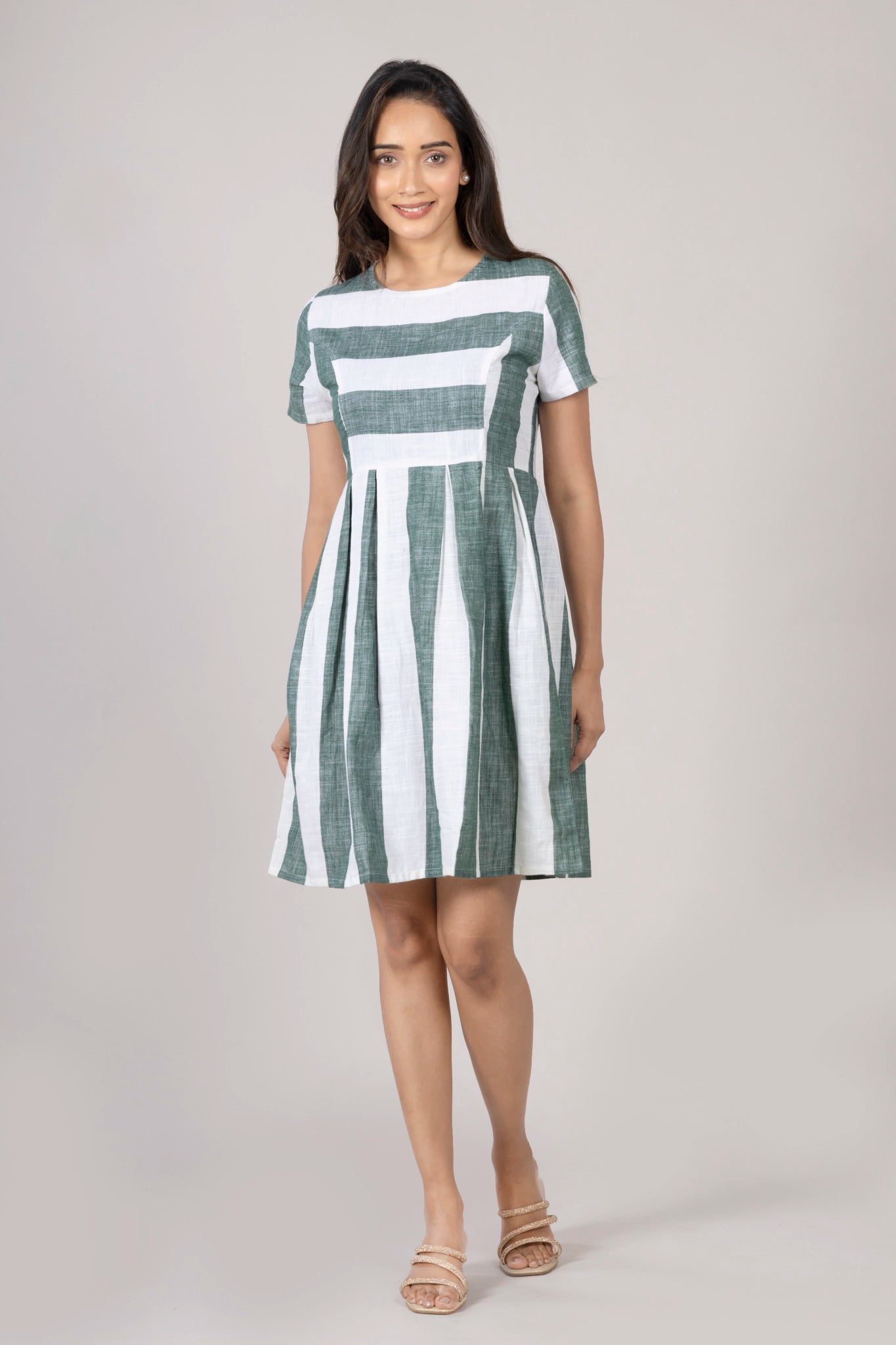 MAdMee Naturally You - Striped Organic Cotton Dress - Bottle Green