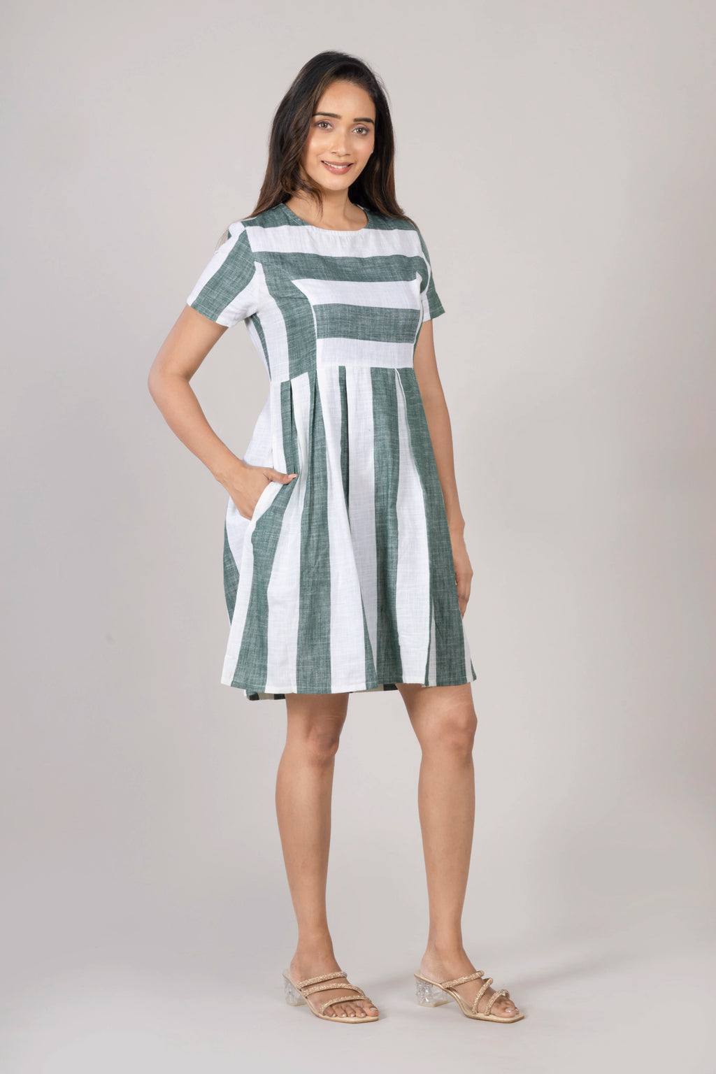 MAdMee Naturally You - Striped Organic Cotton Dress - Bottle Green