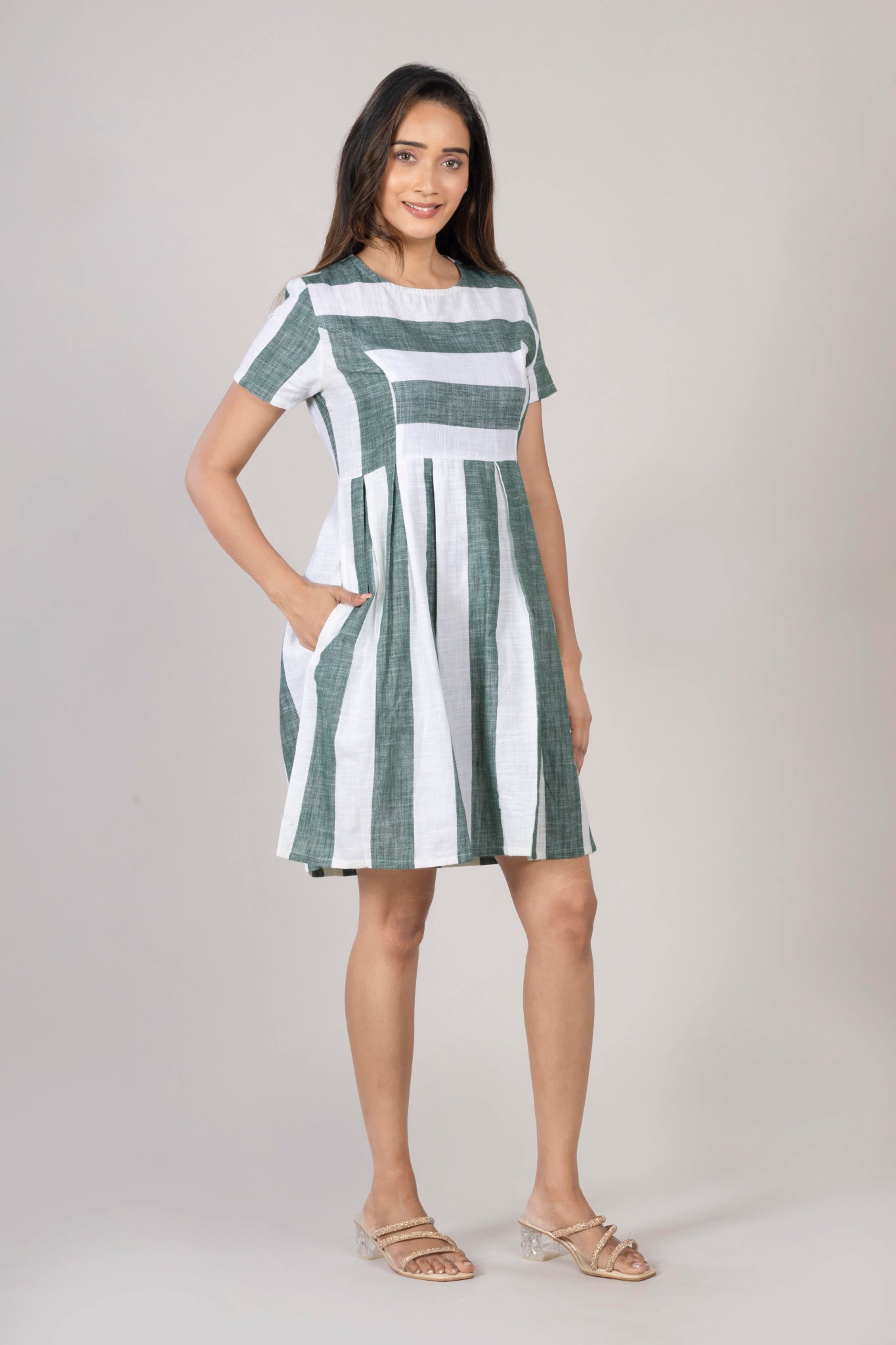 MAdMee Naturally You - Striped Organic Cotton Dress - Bottle Green