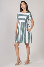 MAdMee Naturally You - Striped Organic Cotton Dress - Bottle Green