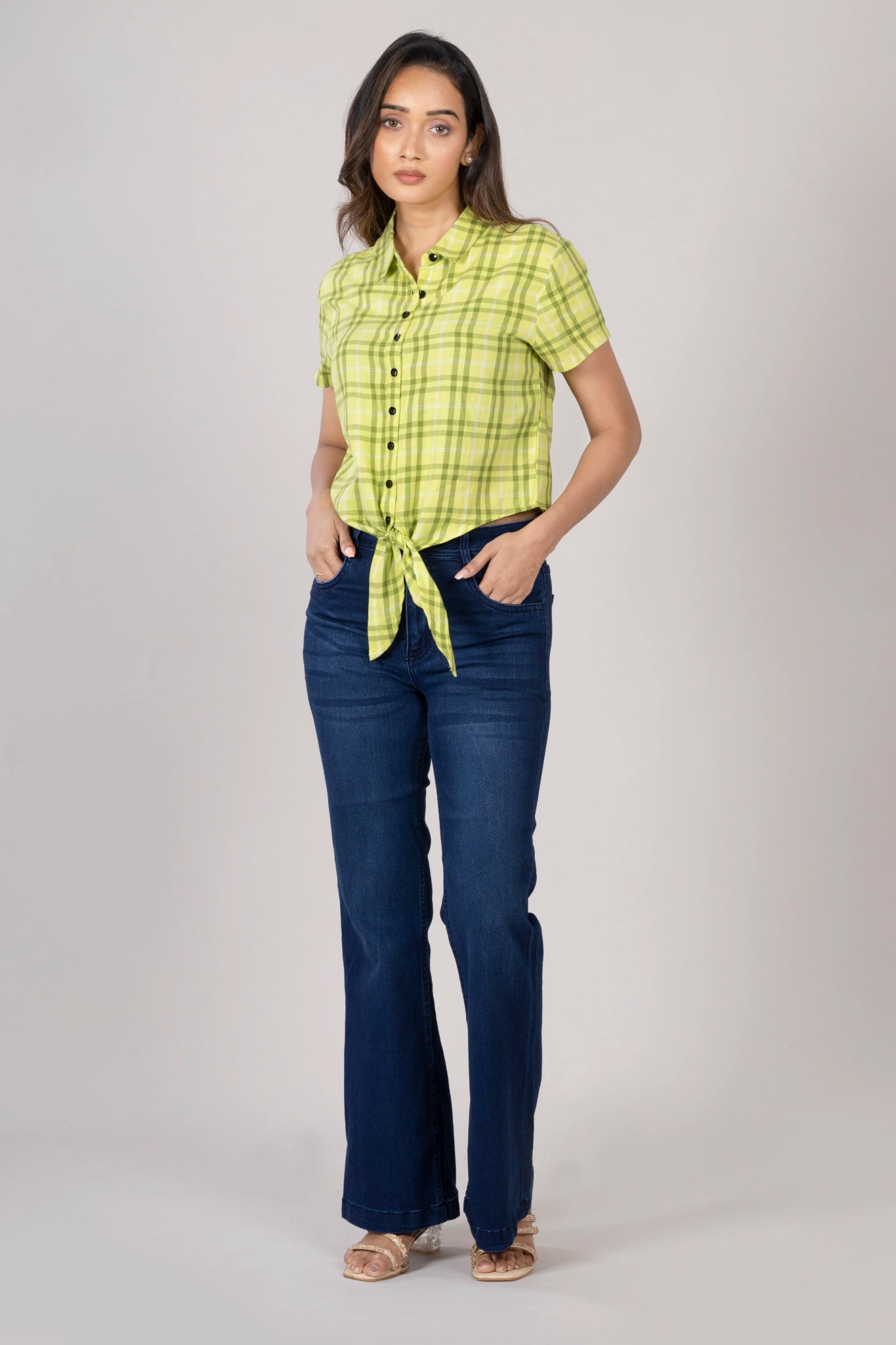 MAdMee Chic-Knot Checkered Shirt - Lime Zest Check