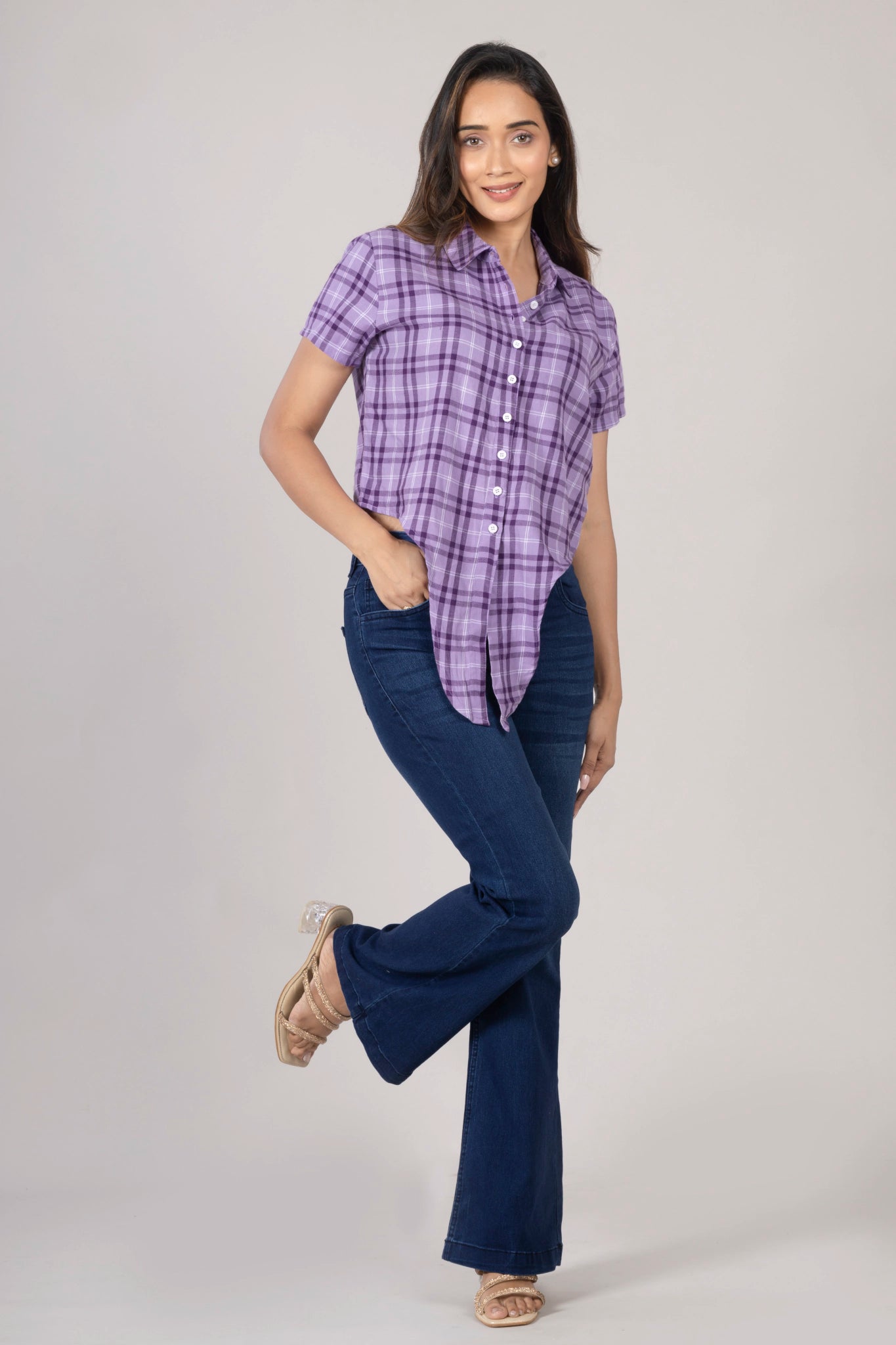 MAdMee Chic-Knot Checkered Shirt - Purple Breeze Check