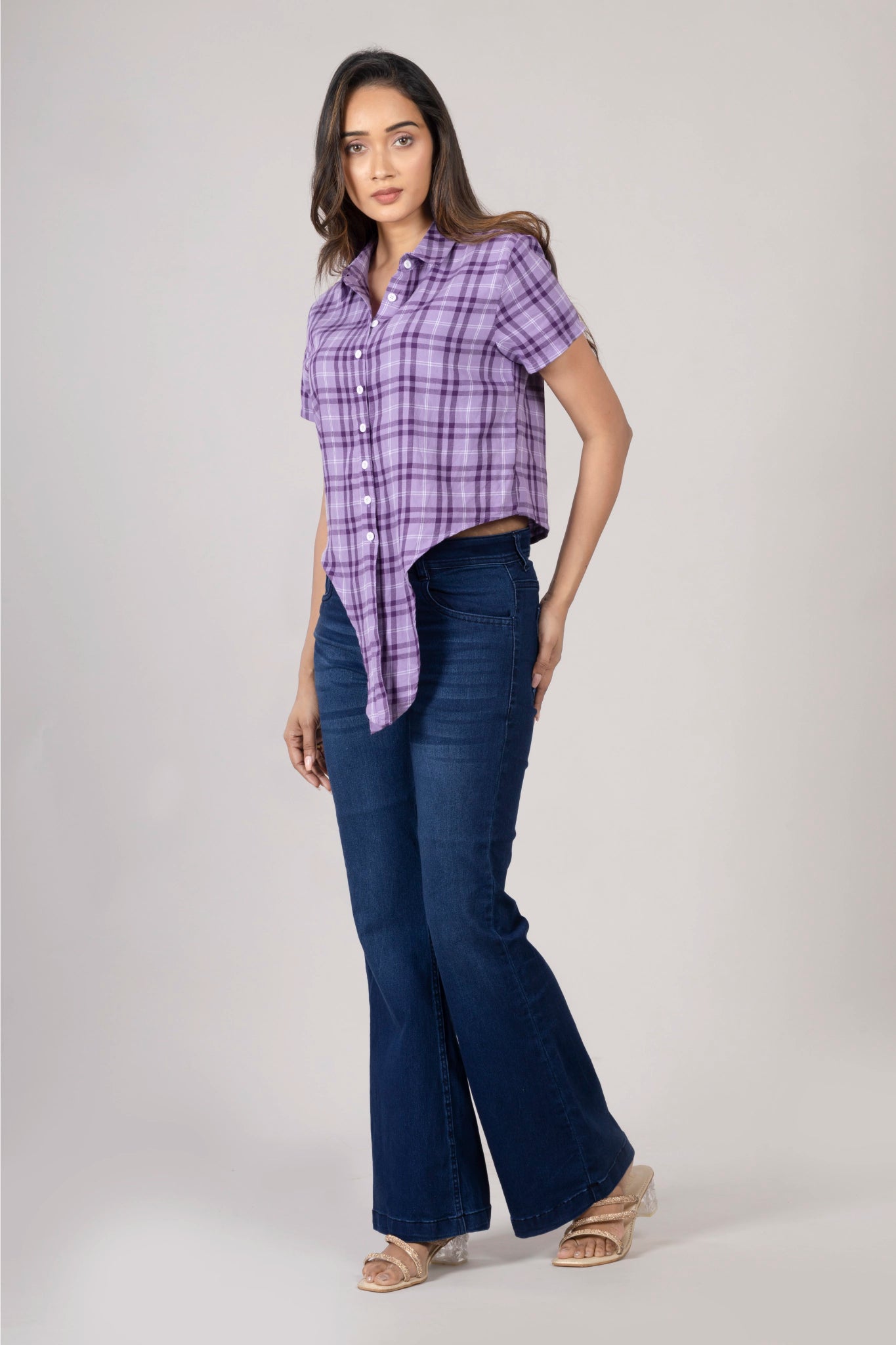 MAdMee Chic-Knot Checkered Shirt - Purple Breeze Check