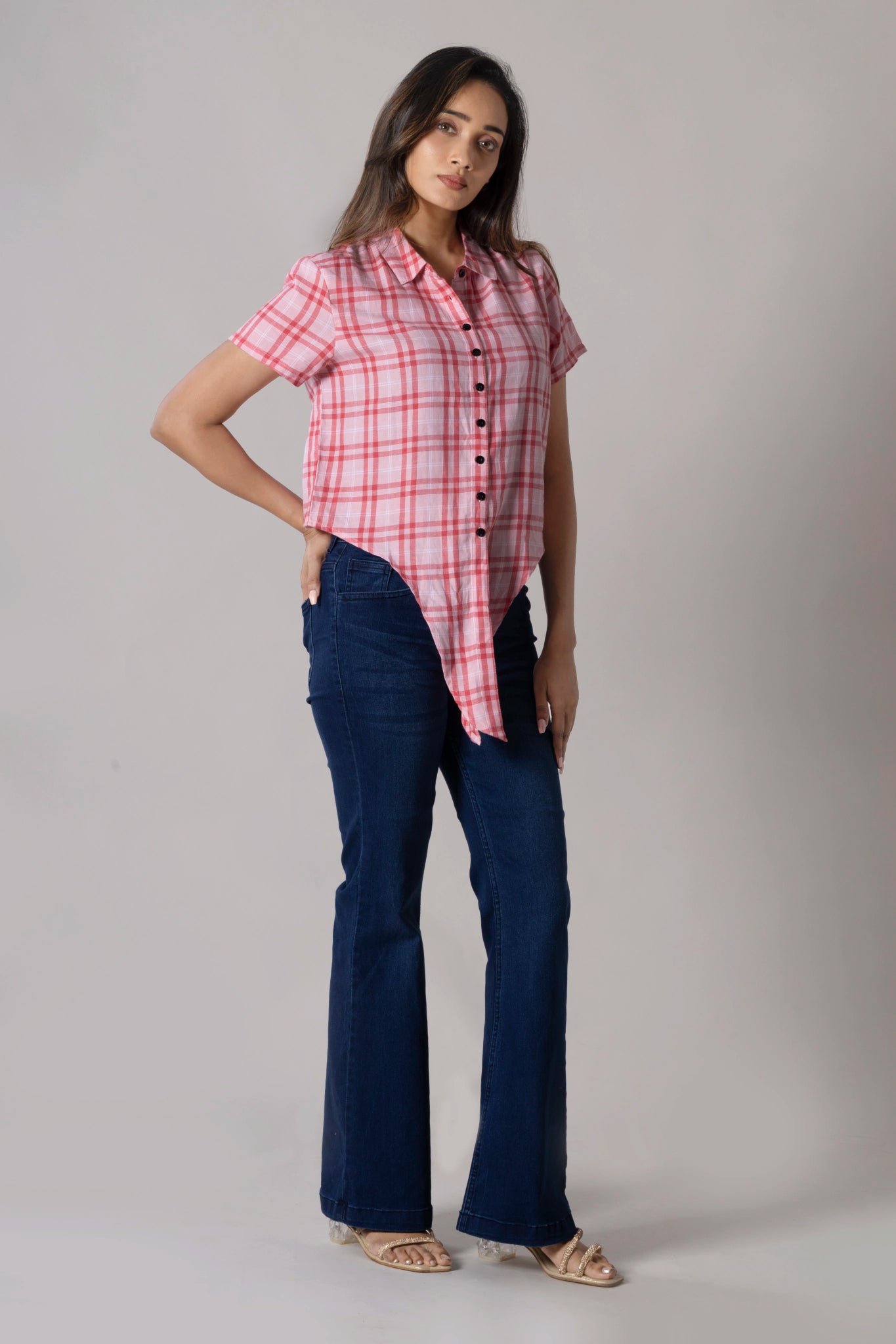 MAdMee Chic-Knot Checkered Shirt - Rose Blush Check