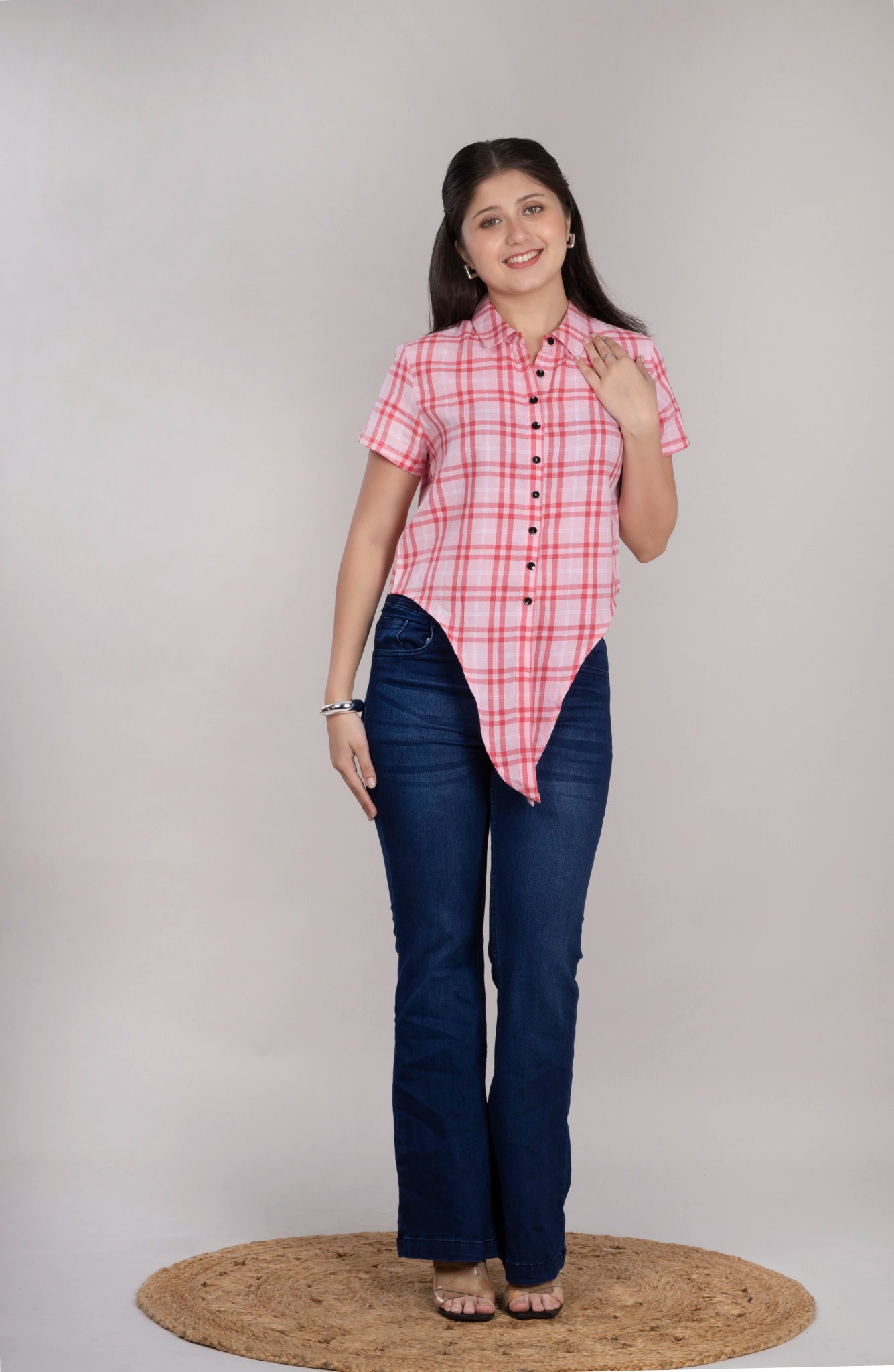 MAdMee Chic-Knot Checkered Shirt - Rose Blush Check
