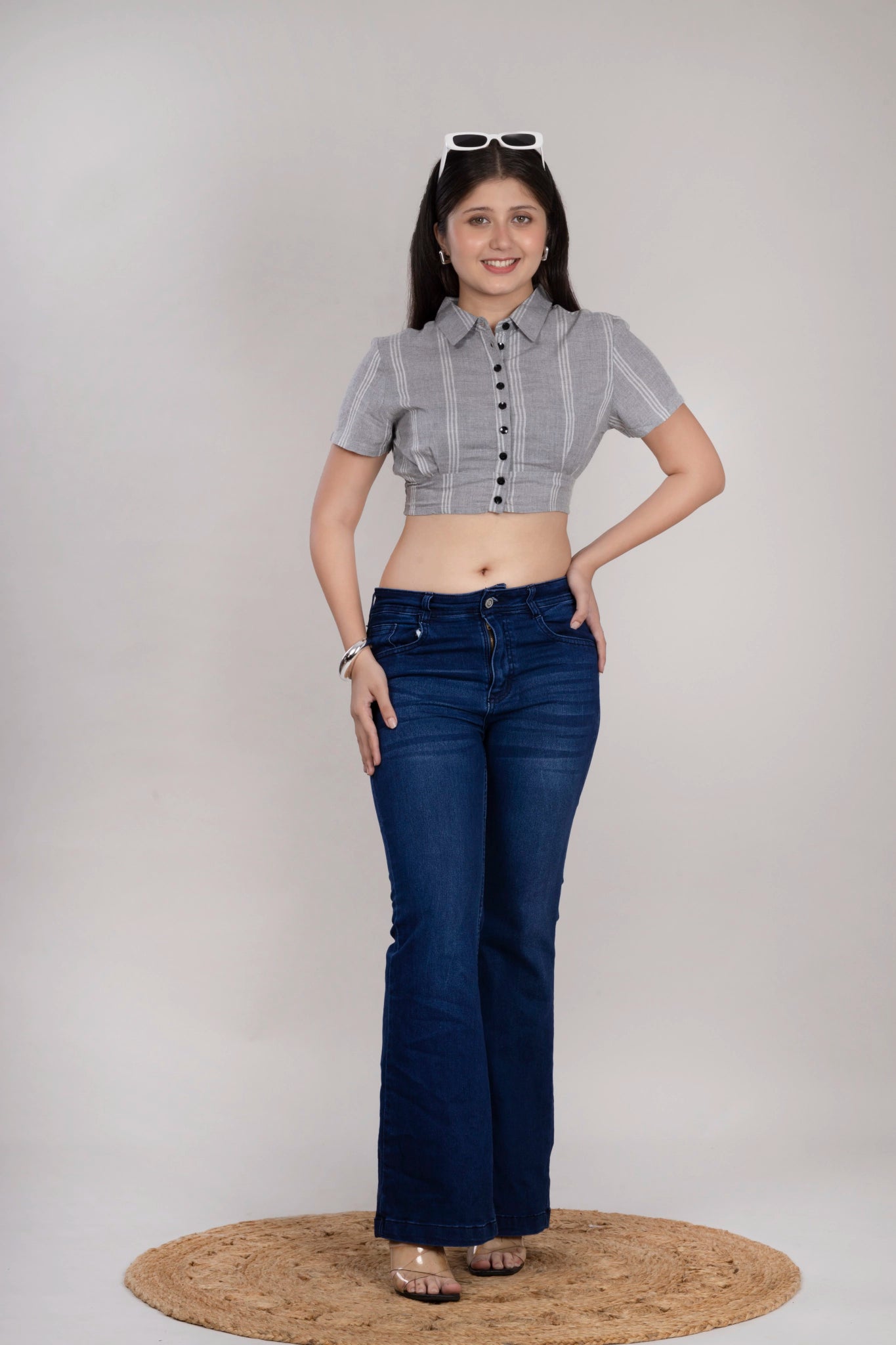 MAdMee Smocksy Crop Top - Slate Grey Stripe
