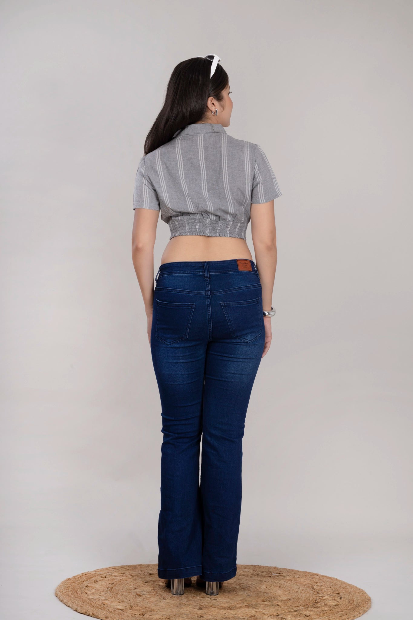 MAdMee Smocksy Crop Top - Slate Grey Stripe