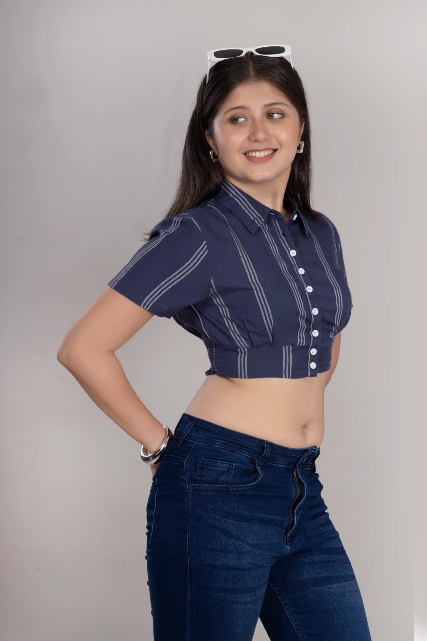 MAdMee Smocksy Crop Top - Midnight Navy Stripe